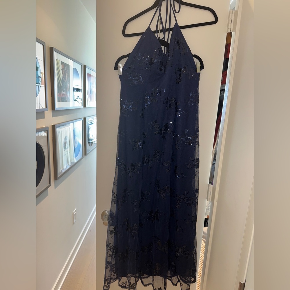 NWOT Dark Blue dress featuring intricate sequin embellishments size small